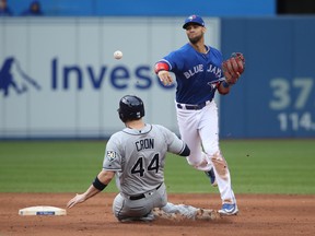 The Blue Jays’ Lourdes Gurriel Jr. turns a double play as Tampa Bay’s C.J. Cron slides into second base at Rogers Centre yesterday. (Getty Images)