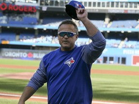 Manager John Gibbons tips his cap before the Blue Jays' final home game in Toronto on Wednesday Sept. 26, 2018.
