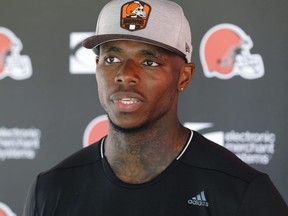 Browns wide receiver Josh Gordon answers questions after practice on Aug. 27, 2018, in Berea, Ohio.