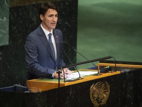 Prime Minister Justin Trudeau delivers remarks during the Nelson Mandela Peace Summit plenary session at the United Nations headquarters in New York City, Monday, Sept. 24, 2018.