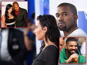 Kanye West has gone on a rant against Kim Kardashian's ex-boyfriend Nick Cannon (top inset, with Kardashian in a 2006 photo) and Drake (bottom inset). (Evan Agostini/Invision/AP, File/Mark Davis/Getty Images/DANIEL LEAL-OLIVAS/AFP/Getty Images)