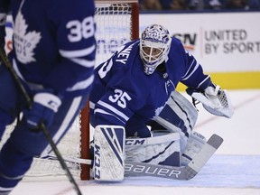 Toronto Maple Leafs Curtis McElhinney G (35) keeps and eye on the play during the second period in pre-season action in Toronto on Saturday September 22, 2018.