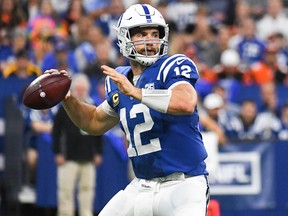 Indianapolis Colts' Andrew Luck throws a pass in the game against the Cincinnati Bengals at Lucas Oil Stadium on Sept. 9, 2018 in Indianapolis, Ind.