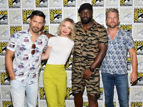 Jay Hernandez, Perdita Weeks, Stephen Hill and Zachary Knighton of 'Magnum P.I.' attend CBS Television Studios Press Line during Comic-Con International 2018 at Hilton Bayfront on July 19, 2018 in San Diego.