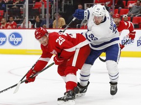 Detroit Red Wings Vili Saarijarvi (29) and Toronto Maple Leafs center Frederik Gauthier (33) battle for position in the second period of a preseason NHL hockey game Saturday, Sept. 29, 2018, in Detroit.