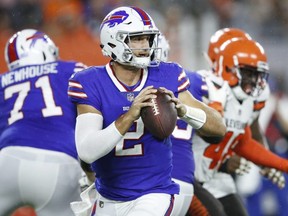 Bills quarterback Nathan Peterman looks to make a pass against the Browns during NFL preseason action in Cleveland on Aug. 17, 2018.