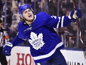 Toronto Maple Leafs centre William Nylander (29) celebrates his goal against the Boston Bruins in Toronto on April 23, 2018. (THE CANADIAN PRESS/Frank Gunn)