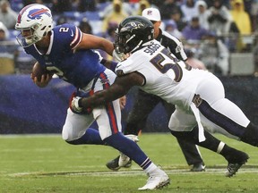 In this Sept. 9, 2018, file photo, Baltimore Ravens linebacker Terrell Suggs (55) sacks Buffalo Bills quarterback Nathan Peterman (2) during the first half of an NFL football game, in Baltimore. Suggs and the Ravens take on the Pittsburgh Steelers on Sunday, Sept. 30.