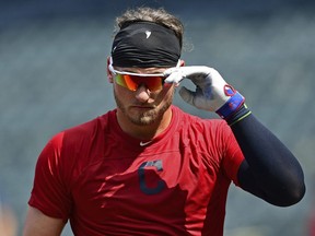 Cleveland Indians' Josh Donaldson exits the batting cage during batting practice before a baseball game against the Tampa Bay Rays, Sunday, Sept. 2, 2018, in Cleveland. (AP Photo/David Dermer)