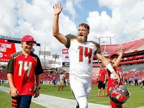 Ryan Fitzpatrick of the Tampa Bay Buccaneers waves to the crowd after they defeated the Philadelphia Eagles at Raymond James Stadium on September 16, 2018 in Tampa. (Michael Reaves/Getty Images)