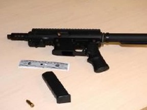 A man, 20, allegedly shot himself with this A&B Arms Aero Survival sawed-off rifle while it was tucked into his pants at a Scarborough restaurant on Monday, Sept. 3, 2018. (Toronto Police handout)