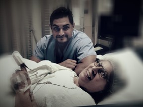 Orthopedic surgeon Dr. Sebastian Rodriguez visiting Rita DeMontis moments after surgery is over