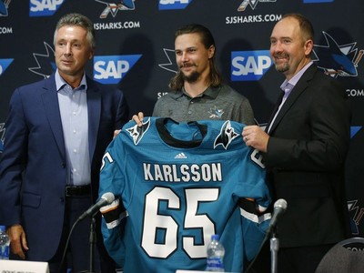 Erik Karlsson unveils new San Jose Sharks jersey in surprise appearance -  ESPN