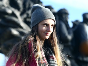 Lindsay Shepherd speaks during a rally in support of freedom of expression at Wilfrid Laurier University in Waterloo, Ont. on Friday November 24, 2017. (Dave Abel/Toronto Sun)