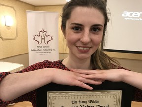 Lindsay Shepherd, Wilfrid Laurier University student and free speech advocate, was honoured with the Harry Weldon Canadian Values Award in Ottawa in May. (Blair Crawford/Postmedia Network)