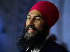 NDP Leader Jagmeet Singh speaks to media on Parliament Hill in Ottawa on Monday, Sept. 17, 2018. )