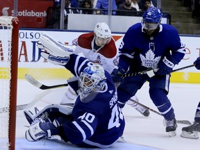 Maple Leafs goaltender Garret Sparks flops around on the ice during Toronto's pre-season loss to the Montreal Canadiens on Monday night at Scotiabank Arena. (Veronica Henri/Toronto Sun)