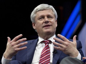 Former prime minister Stephen Harper speaks at the 2017 American Israel Public Affairs Committee (AIPAC) policy conference in Washington, Sunday, March 26, 2017. (THE CANADIAN PRESS/ AP/Jose Luis Magana)