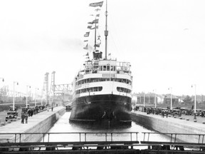 Built and launched at the Western Dry Dock and Ship building Company in Port Arthur (now part of Thunder Bay) in Oct. 1913, the new 600 passenger ship, staffed by a crew of 200, was destined for seasons of safe, efficient service on the Upper Great Lakes before suffering a heartbreaking end 64 years ago tomorrow. The vessel was christened Noronic with the letters "NO" representing her owner Northern Navigation Company (which was eventually taken over by Canada Steamship Lines/CSL), the letters RO for Richelieu and Ontario Lines, a pioneer steamship company absorbed by the Northern. The last three letters, NIC, was a suffix used on all of Northern’s passenger ships (HAMONIC, HURONIC, etc.). For many years, NORONIC carried out seasonal service between Windsor, Detroit and Sarnia and the Soo, Port Arthur and Duluth. Occasionally, she would operate special charters on other routes. NORONIC visited the Port of Toronto only twice in her lengthy career with the initial visit, one that drew huge crowds to the city’s waterfront, occurring in mid-June, 1931. In this photo NORONIC is seen transiting the Welland Canal during that June visit to our city. The vessel’s only other visit to Toronto wouldn’t be nearly so pleasant. (Toronto Marine Historical Society/Jay Bascom)