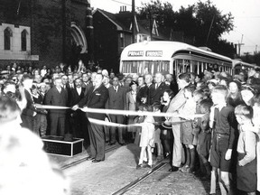 In this image from the TTC archives, a view that was taken exactly 80 years ago today (Sept. 23, 1938), Toronto Mayor Ralph Day is seen officiating as the first six of the commission’s brand new Presidents’ Conference Committee (PCC) streetcars are introduced to the crowd gathered at the intersection of St. Clair Ave., W. and Wychwood Ave. Later that evening the TTC offered free rides for all on what were proudly described as the “state of the art” in electric public transportation equipment. Regular PCC service commenced the following day on the St Clair route. Incidentally, the six vehicles seen in the background of the photo were the first of 140 similar PCCs in the initial order placed by the TTC in early 1938 and for which the Commission paid a total of $3 million. They arrived from the Montreal factory of Canada Car and Foundry at the rate of three vehicles every weekday.