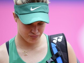File photo of Eugenie Bouchard of Canada leaving the court after giving up during the semi-final game against Alize Cornet of France at the WTA Ladies Championship tennis tournament in Gstaad, Switzerland, Saturday, July 21, 2018. (Anthony Anex/Keystone via AP)