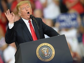 U.S. President Donald Trump delivers remarks at a campaign rally at the Ford Center on Aug. 30, 2018 in Evansville, Ind.