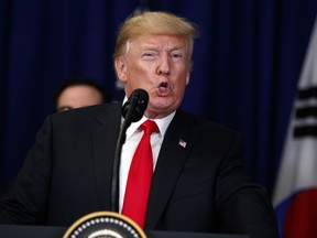 U.S. President Donald Trump speaks during a signing ceremony for the United States-Korea Free Trade Agreement at the Lotte New York Palace hotel during the United Nations General Assembly, Monday, Sept. 24, 2018, in New York.