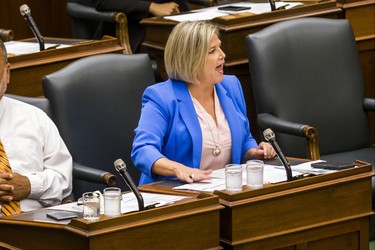 Ontario NDP leader Andrea Horwath, along with most of her MPPs, pound their desks in protest during the afternoon session in the legislature at Queen's Park in Toronto, Ont. on Wednesday September 12, 2018. Ernest Doroszuk/Toronto Sun/Postmedia