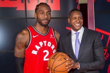 New on the Raptors roster Kawhi Leonard and Toronto Raptors president Masai Ujiri following a press conference at the Toronto Raptors media day at the Scotiabank Arena in Toronto, Ont. on Monday September 24, 2018. Ernest Doroszuk/Toronto Sun/Postmedia