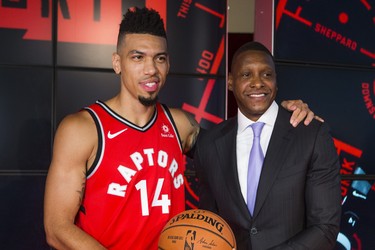 New on the Raptors roster Danny Green and Toronto Raptors president Masai Ujiri pose for a photo following a press conference at the Toronto Raptors media day at the Scotiabank Arena in Toronto, Ont. on Monday September 24, 2018. Ernest Doroszuk/Toronto Sun/Postmedia