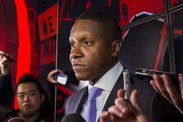 Toronto Raptors president Masai Ujiri talks with media following a press conference at the Toronto Raptors media day at the Scotiabank Arena in Toronto, Ont. on Monday September 24, 2018. Ernest Doroszuk/Toronto Sun/Postmedia