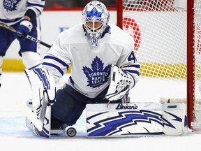 Garret Sparks #40 of the Toronto Maple Leafs makes a save against the Chicago Blackhawks during the regular seasopn opening home game at the United Center on October 7, 2018 in Chicago, Illinois. (Photo by Jonathan Daniel/Getty Images)