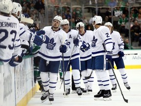 Auston Matthews #34 of the Toronto Maple Leafs celebrates a goal against the Dallas Stars in the first period at American Airlines Center on October 9, 2018 in Dallas, Texas.  (Ronald Martinez/Getty Images)