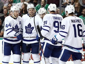 From left, Morgan Rielly #44, Auston Matthews #34, Nazem Kadri #43, John Tavares #91 and Mitchell Marner #16 of the Toronto Maple Leafs celebrate the second goal of the game by Matthews against the Dallas Stars in the second period at American Airlines Center on October 9, 2018 in Dallas, Texas.  (Photo by Ronald Martinez/Getty Images)
