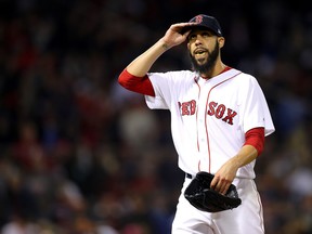 David Price of the Boston Red Sox walks off the field after the top of the second inning against the Houston Astros in Game Two of the American League Championship Series at Fenway Park on Oct. 14, 2018 in Boston.  (Maddie Meyer/Getty Images)