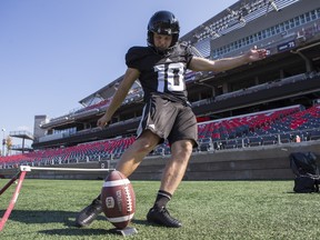 Ottawa Redblacks kicker Lewis Ward practicing at TD Place Stadium. Oct. 9, 2018. (Errol McGihon/Postmedia Network)