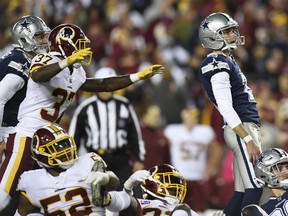 Cowboys kicker Brett Maher reacts after missing a field goal at the end of the fourth quarter against Washington on Sunday. (GETTY IMAGES)