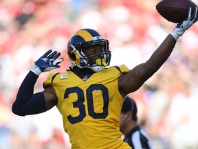Los Angeles Rams' Todd Gurley celebrates after scoring a touchdown against the San Francisco 49ers on Sunday. (GETTY IMAGES)