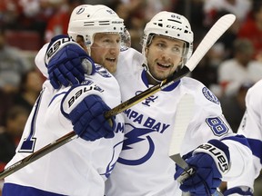 Steven Stamkos, left, and Nikita Kucherov, one of he highest scoring duos inthe NHL last year, find themselves on different lines for the Lightning after starting the season together.  (AP Photo/Paul Sancya, File)