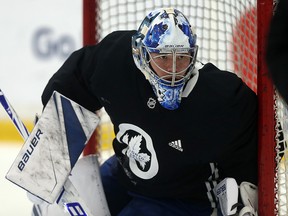 Frederik Andersen tracks the puck through traffic during a Leafs workout at the Mastercard Centre in Toronto on Monday October 1, 2018. (Dave Abel/Postmedia Network)