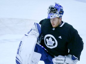 Maple Leafs goalie Frederik Andersen looks on during practice on Friday. (VERONICA HENRI/TORONTO SUN)