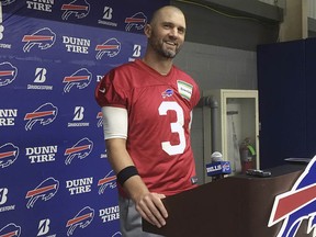 Buffalo Bills veteran quarterback Derek Anderson addresses the media after practice at the team’s facility in Orchard Park, N.Y., Wednesday, Oct. 17, 2018. (AP Photo/John Wawrow)