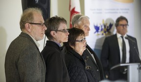 Doug and Donna French (back) – parents of Kristen French – listen on as lawyer Tim Danson addresses media following a parole hearing for Paul Bernardo at Bath Institution federal medium security correctional facility in Bath, Ont. on Wednesday October 17, 2018. They are joined by family – Bill and Pam Radunksy. Ernest Doroszuk/Toronto Sun