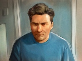 Paul Bernardo is shown in this courtroom sketch during Ontario court proceedings via video link in Napanee on October 5, 2018.(Greg Banning/Canadian Press)