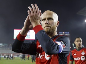 Toronto FC midfielder Michael Bradley celebrates the crowd following their victory against the Atlanta United during MLS soccer action in Toronto, Oct. 28, 2018. (COLE BURSTON/The Canadian Press)