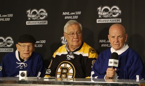 NHL greats of the past Johnny Bower, Johnny Bucyk and Dave Keon address the media prior to the Centennial Classic in Toronto on Sunday, Jan. 1, 2017. (JACK BOLAND/TORONTO SUN)
