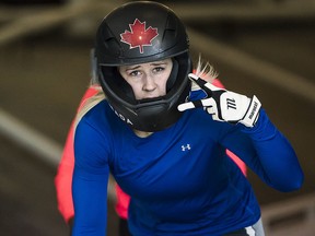 Kristen Bujnowski during Bobsleigh Canada Skeleton's push camp in the Ice House at Canada Olympic Park in Calgary, on October 3, 2018. (Dave Holland/CSI Calgary)