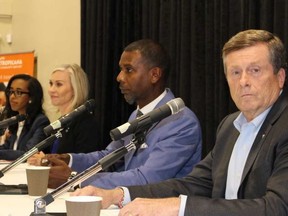 Candidates at Monday nights mayoral debate (from front): Mayor John Tory, Kina Singh, Jennifer Keesmaat and Saron Gebresellassi (Antonella Artuso, Toronto Sun)