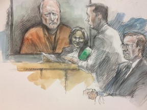 Alleged serial killer Bruce McArthur appears in court via video on Oct. 5, 2018. (Pam Davies sketch)
