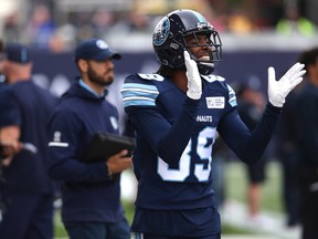 Toronto Argonauts wide receiver Duron Carter (89) is seen on the sidelines during first half CFL football action against the Hamilton Tiger-Cats, Carter's first game with the Argonauts, in Toronto, Saturday, Sept. 8, 2018. Carter has no axe to grind with the Saskatchewan Roughriders. He will face his former team Saturday night when the Toronto Argonauts (3-8) host Saskatchewan (7-5). THE CANADIAN PRESS/Cole Burston ORG XMIT: CPT118